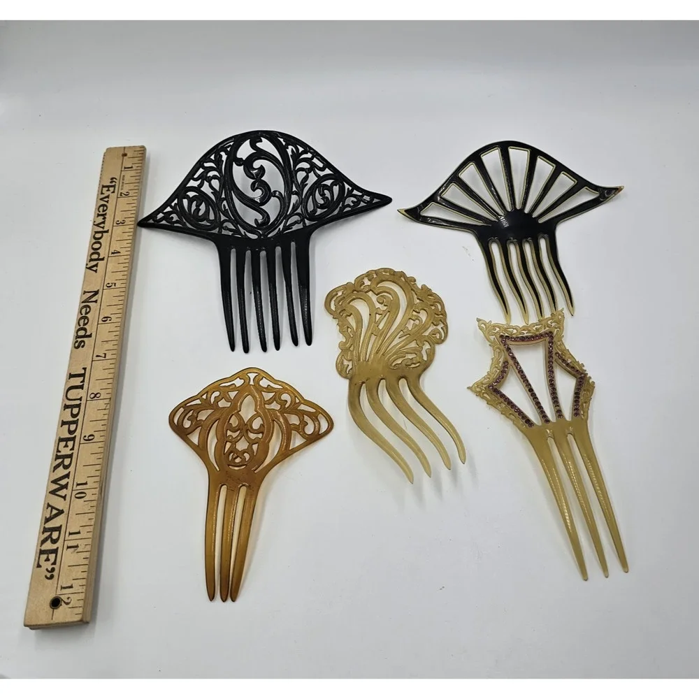 Lot of 5 Antique 1920s-1930s Celluloid Hair Combs Art Deco